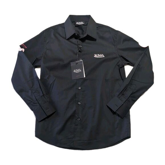 Von Dutch Other - Von Dutch Graphic Button-Front Long Sleeve Shirt Men’s SMALL Solid Black